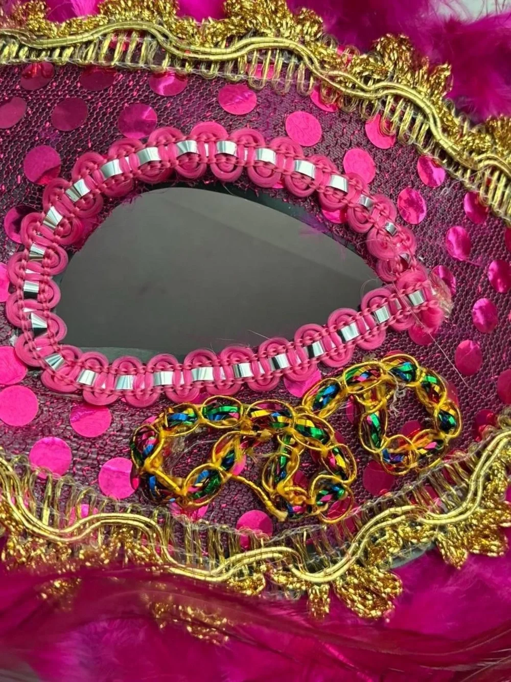 Masquerade Feather Eye Mask - Hot Pink with Gold Trim- Costume
